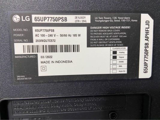 65" LG Smart TV Model UP7750PSB