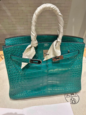 HERMES Birkin 35 Emerald Malachite Green/Palladium Matte Alligator