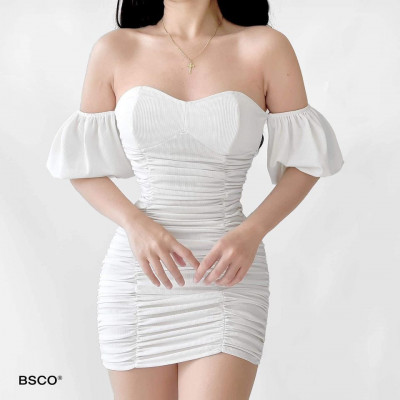 ✨ BSCO ✨ VIEN SEXY BARDOT RIBBED KNIT BUSTIER RUCHED BODYCON MIN DRESS