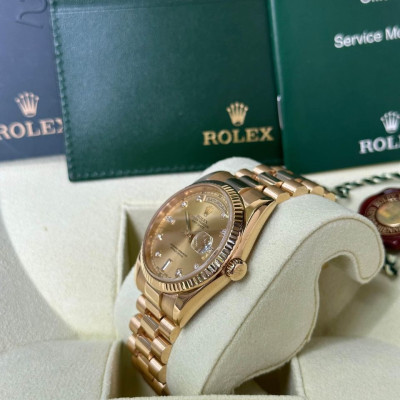 Rolex Daydate 36mm Champagne Yellow Gold Baguette Diamonds