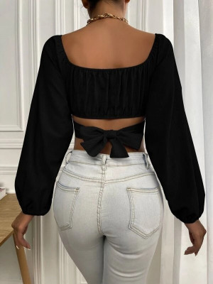 Shein Black Ruched Knot Back Crop Blouse