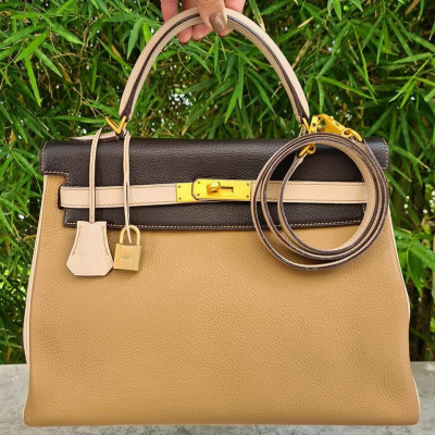 Rare Hermes Kelly 35 Tri-Color in Tabac Camel, Parchemin, and Ebene