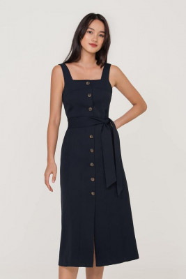 Navy blue button down midi dress