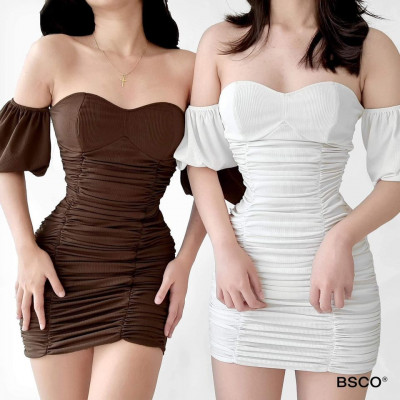 ✨ BSCO ✨ VIEN SEXY BARDOT RIBBED KNIT BUSTIER RUCHED BODYCON MIN DRESS