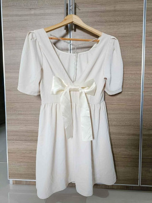 Semi Formal Cream White Dress with Ribbon
