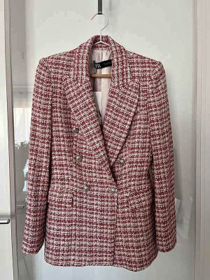 Zara Textured Double Breasted Tweed Blazer