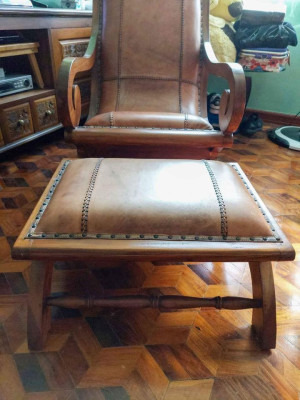 Indonesian Teakwood & Leather Armchair w/ Footstool