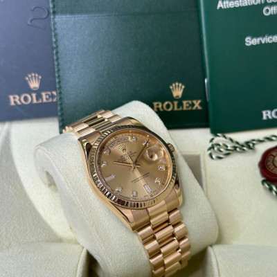 Rolex Daydate 36mm Champagne Yellow Gold Baguette Diamonds