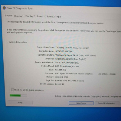 Gaming Laptop ROG Strix G15 RTX 3060 RYZEN 7 16GB RAM
