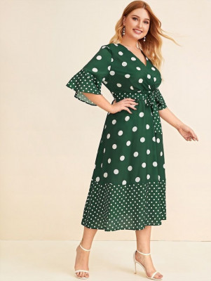 Plus Size Polka Dot Wrap Front Belted Dress