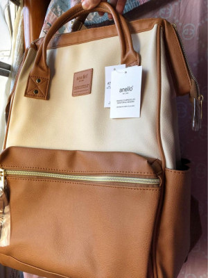 Anello Leather Backpack in Khaki and White