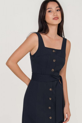 Navy blue button down midi dress