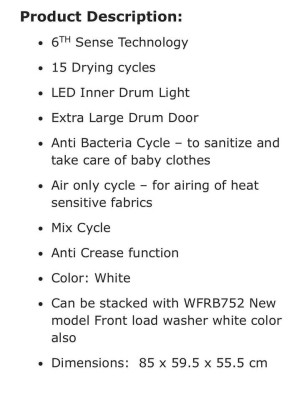 Whirlpool Front Load Dryer 7kg