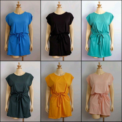 L-2XL PLUSSIZE PLAIN PULL STRING GARTERIZED WAIST DRESS