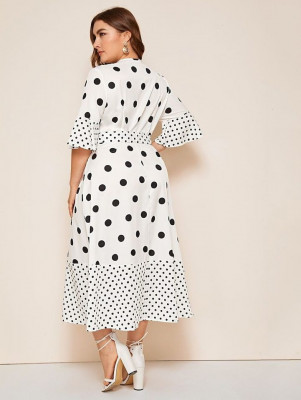 Plus Size Polka Dot Wrap Front Belted Dress