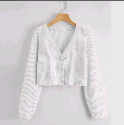 Waffle Knitted Drop Shoulder Top Cardigan Button Front Crop Top Longsleeve