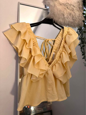 Pastel Yellow Ruffled Peplum Blouse Top