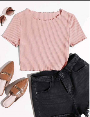 Crop Top lettuce edge STRIPES Tops Korean top REA