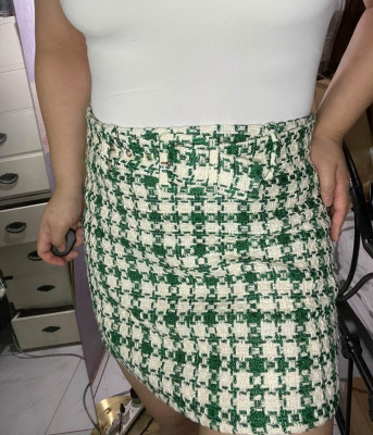 Zara tweed bottega green skirt with belt