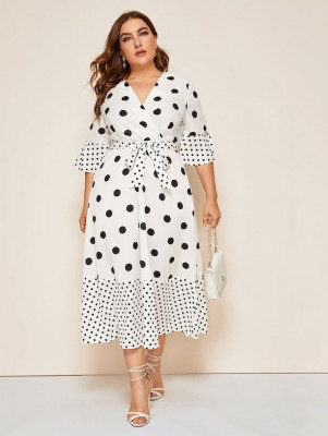 Plus Size Polka Dot Wrap Front Belted Dress