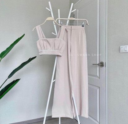 TRENDING CLASSY CROP SMOCKED TOP and PANTS COORDINATES