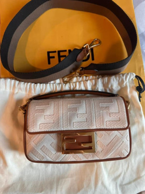 Authentic Fendi Mini Baguette With Thick Strap in Beige GHW
