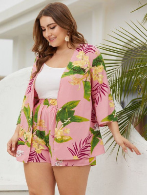 Cover Coat & Shorts Floral Plus Size 2 in 1 Terno