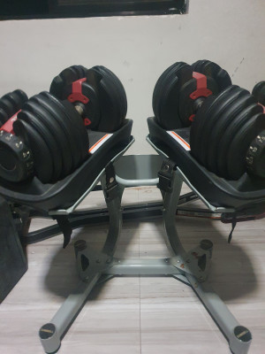 SELL RUSH ADJUSTABLE BOWFLEX DUMBELL W RACK 52.5 LBS PAIR TOTAL OF 105LBS PM MUR