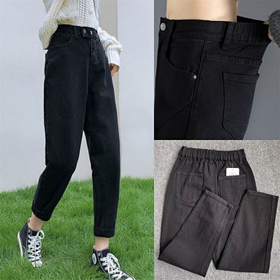 Elastic waist MOM JEANS Women's high weist Boyfriend pants Denim blue Jeans