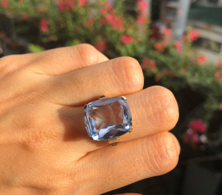 yellow gold large cushion cut synthetic blue spinel ring