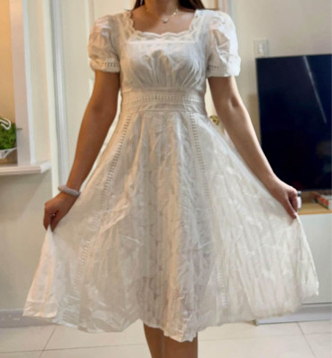 Preloved White Long Eyelet Dress Medium