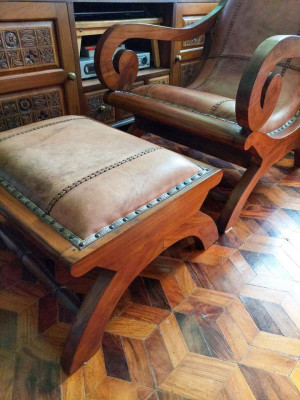 Indonesian Teakwood & Leather Armchair w/ Footstool
