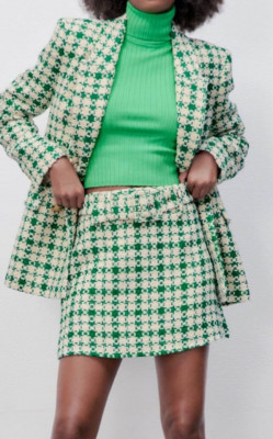 Zara tweed bottega green skirt with belt