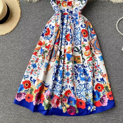 High Quality Spaghetti Strap Square Collar Print Spaghetti Dress