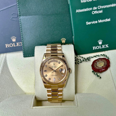 Rolex Daydate 36mm Champagne Yellow Gold Baguette Diamonds