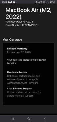 Macbook Air 13inch 2022 M2 Under warranty Of apple store