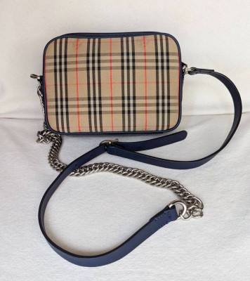 LIKE NEW Burberry Check Link Crossbody Camera Bag in Ink Blue