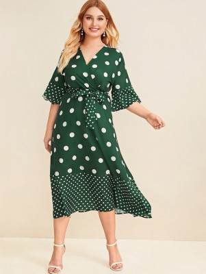 Plus Size Polka Dot Wrap Front Belted Dress