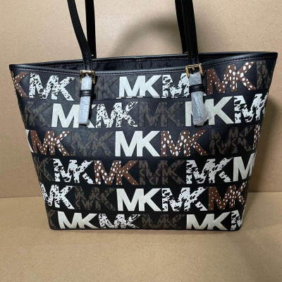 MICHAEL KORS JET SET TRAVEL MEDIUM CARRYALL TOTE BLACK GRAPHIC MK LOGO MULTI