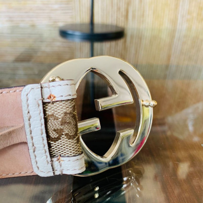 Gucci Belt Monogram Beige/Off White in Canvas Leather with Light Gold-Tone