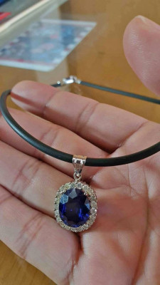 Sapphire with Diamonds Gold Necklace (Rubber Chain)