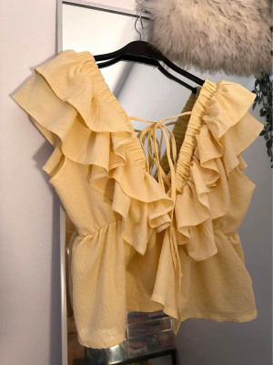 Pastel Yellow Ruffled Peplum Blouse Top