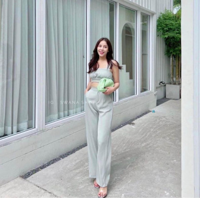 TRENDING CLASSY CROP SMOCKED TOP and PANTS COORDINATES