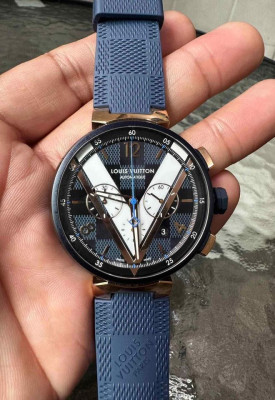 Loius Vuitton Tambour Damier Cobalt Blue and Gold Chronograph