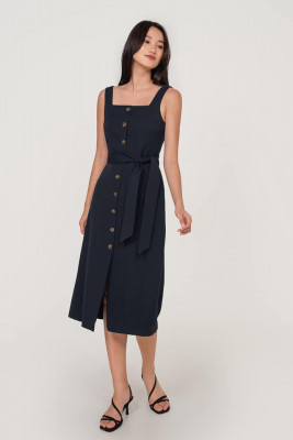 Navy blue button down midi dress