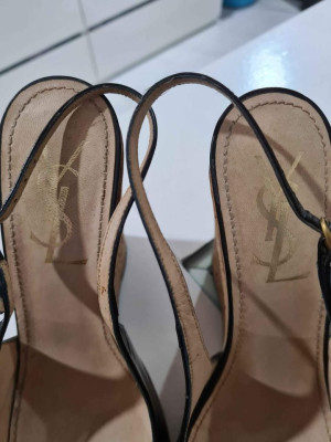 Yves Saint Laurent YSL Black Leather Cork Wedge Sandals