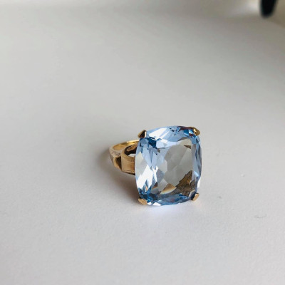 yellow gold large cushion cut synthetic blue spinel ring