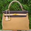 Rare Hermes Kelly 35 Tri-Color in Tabac Camel, Parchemin, and Ebene
